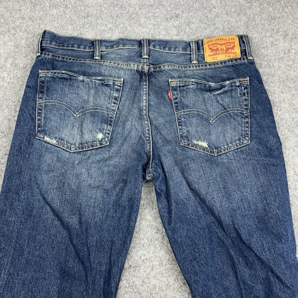 Levi's 511 Slim Fit Jeans Men's 38x32 Blue Distressed Ripped Dark Wash Denim EUC